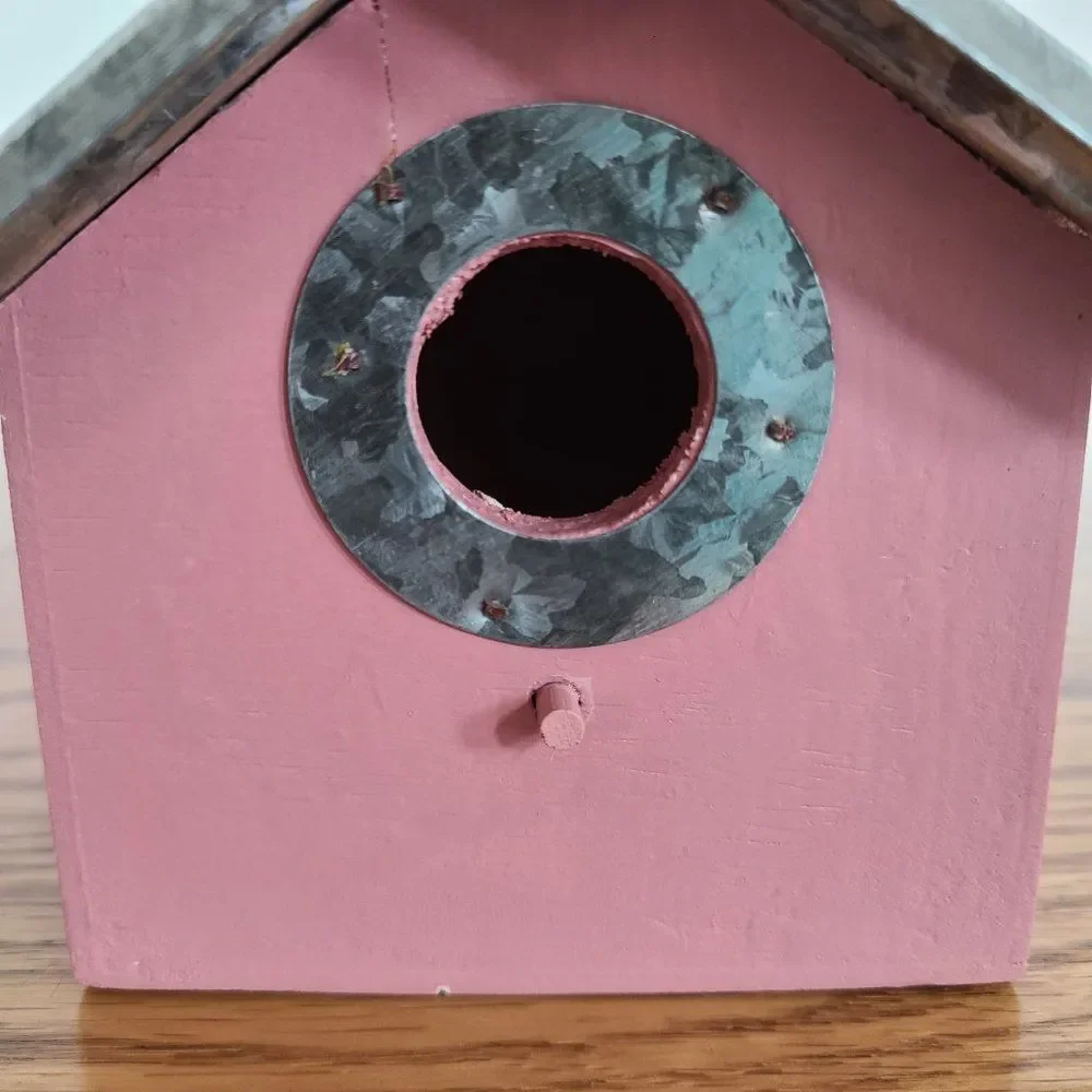 Vintage Handmade Corrugated Metal Roof And Wooden Birdhouse Mauve Tabletop Decor